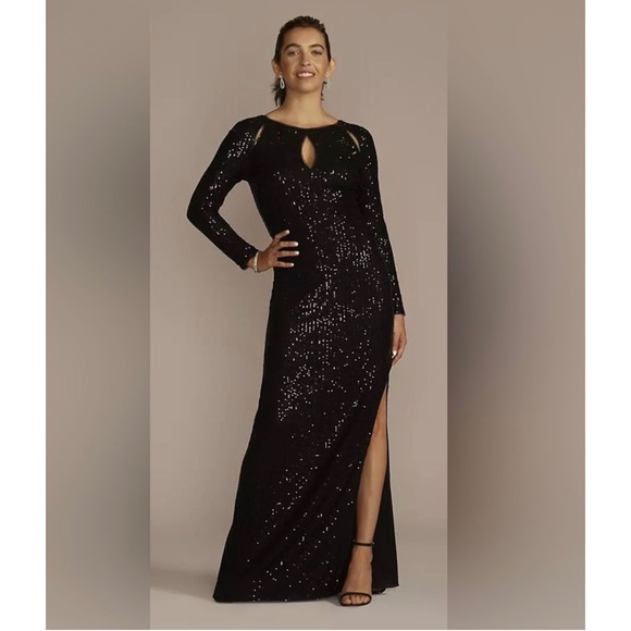Db Studio Dresses & Skirts - Black Sequin Long Sleeve Maxi Dress Shoulder Cut Out Side Slit Formal Gown